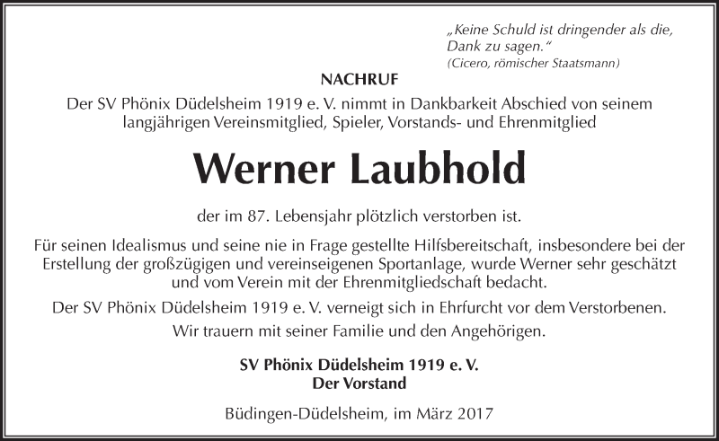  Traueranzeige für Werner Laubhold vom 02.03.2017 aus  Kreisanzeiger
