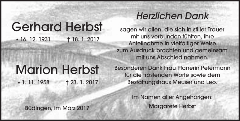  Traueranzeige für Gerhard und Marion Herbst vom 18.03.2017 aus  Kreisanzeiger