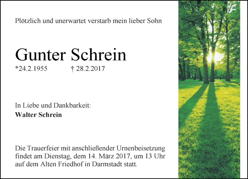  Traueranzeige für Gunter Schrein vom 11.03.2017 aus Trauerportal Echo Online