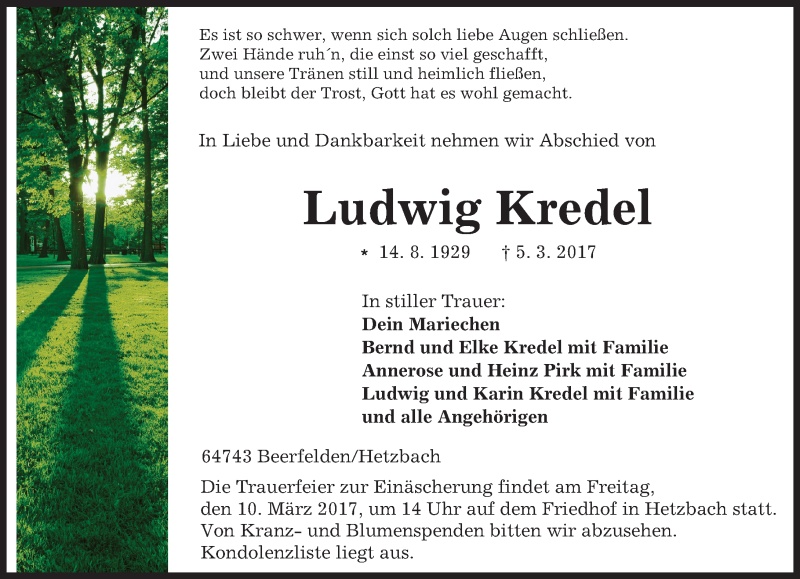  Traueranzeige für Ludwig Kredel vom 08.03.2017 aus Trauerportal Echo Online