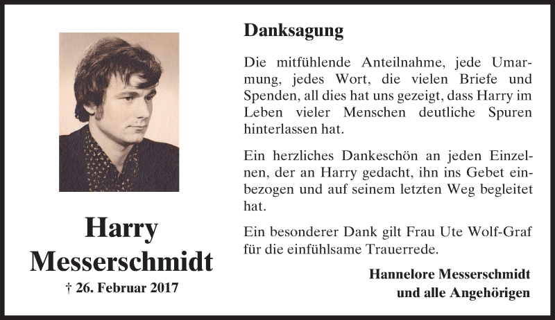  Traueranzeige für Harry Messerschmidt vom 25.03.2017 aus  Kreisanzeiger