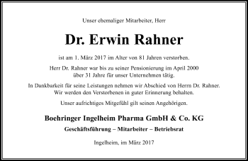Traueranzeige von Erwin Rahner von Trauerportal Rhein Main Presse