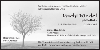 Traueranzeige von Uschi Riedel von Trauerportal Echo Online