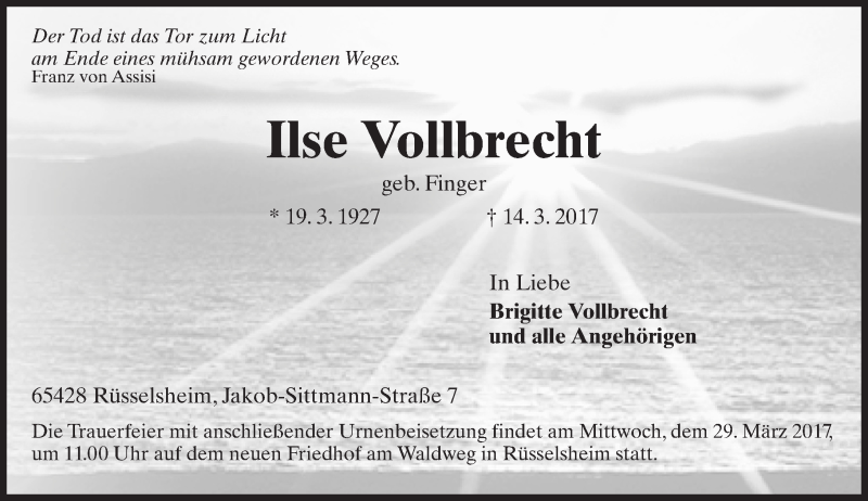  Traueranzeige für Ilse Vollbrecht vom 18.03.2017 aus Trauerportal Rhein Main Presse