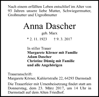 Traueranzeige von Anna Dascher von Trauerportal Echo Online