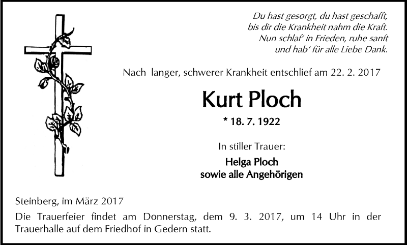 Traueranzeige für Kurt Ploch vom 04.03.2017 aus  Kreisanzeiger