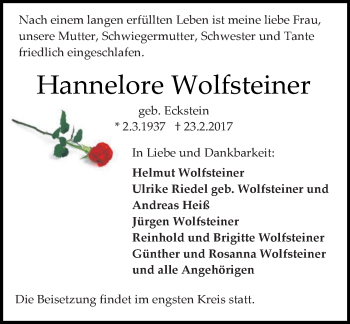 Traueranzeige von Hannelore Wolfsteiner von Trauerportal Echo Online