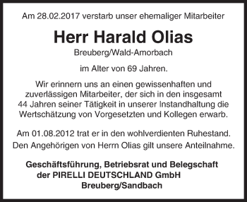 Traueranzeige von Harald Olias von Trauerportal Echo Online