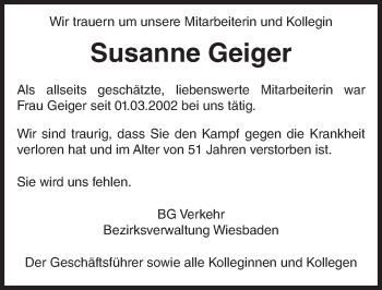 Traueranzeige von Susanne Geiger von Trauerportal Rhein Main Presse