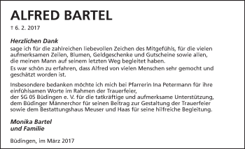 Traueranzeige von Alfred Bartel von  Kreisanzeiger