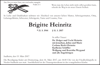 Traueranzeige von Brigitte Heinritz von Trauerportal Rhein Main Presse