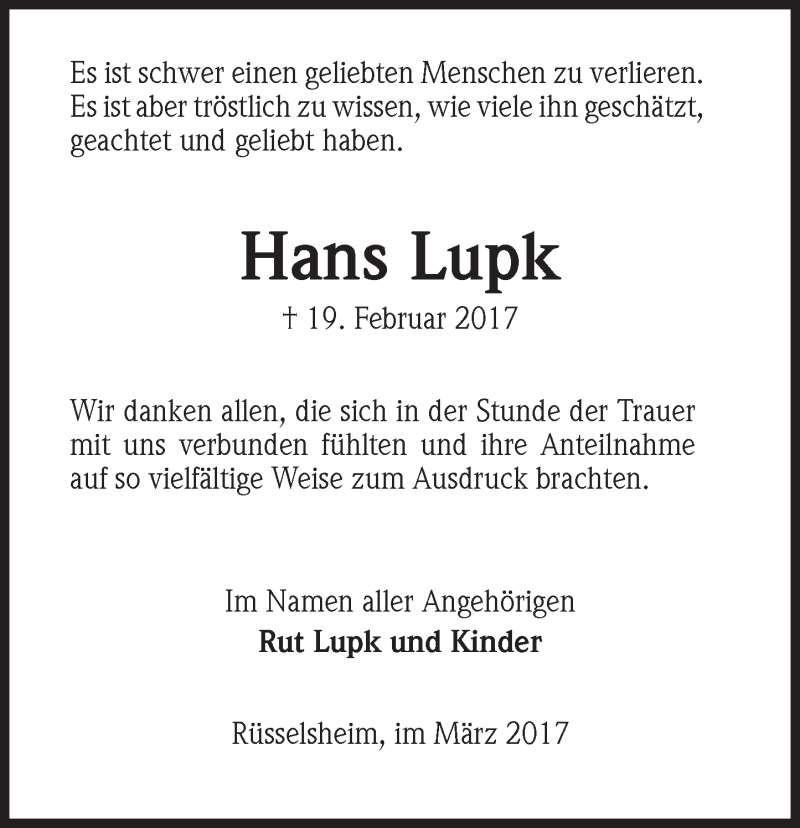  Traueranzeige für Hans Lupk vom 18.03.2017 aus Trauerportal Rhein Main Presse