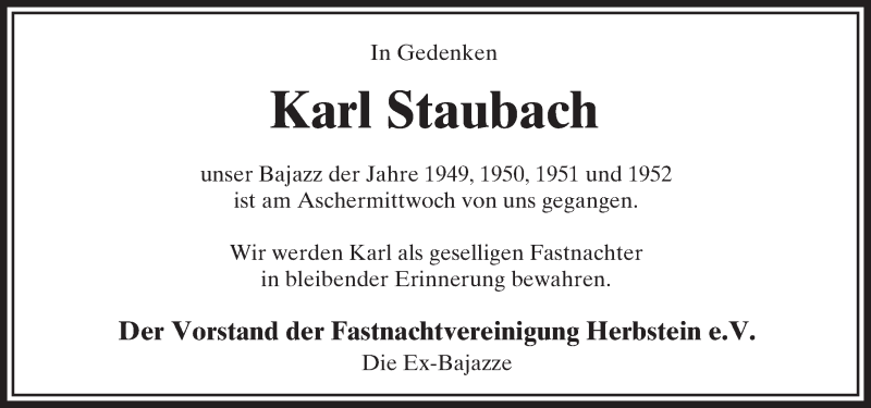  Traueranzeige für Karl Staubach vom 04.03.2017 aus VRM Trauer