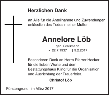 Traueranzeige von Annelore Löb von Trauerportal Echo Online