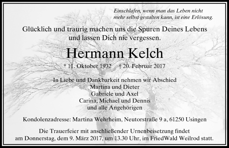  Traueranzeige für Hermann Kelch vom 04.03.2017 aus  Usinger Anzeiger