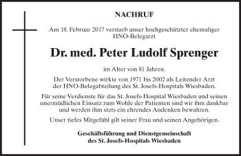 Traueranzeige von Peter Ludolf Sprenger von Trauerportal Rhein Main Presse