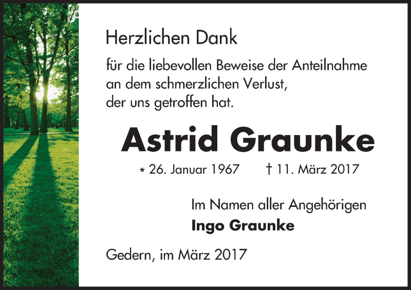  Traueranzeige für Astrid Graunke vom 25.03.2017 aus  Kreisanzeiger