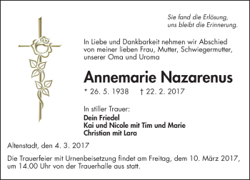 Traueranzeige von Annemarie Nazarenus von  Kreisanzeiger