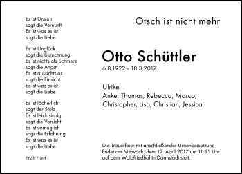 Traueranzeige von Otto Schüttler von Trauerportal Echo Online