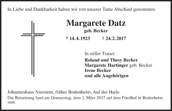 Traueranzeige von Margarete Datz von Trauerportal Rhein Main Presse