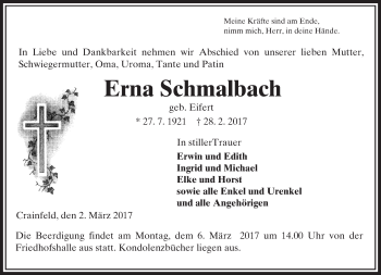 Traueranzeige von Erna Schmalbach von VRM Trauer
