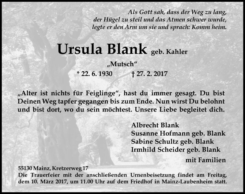  Traueranzeige für Ursula Blank vom 04.03.2017 aus Trauerportal Rhein Main Presse