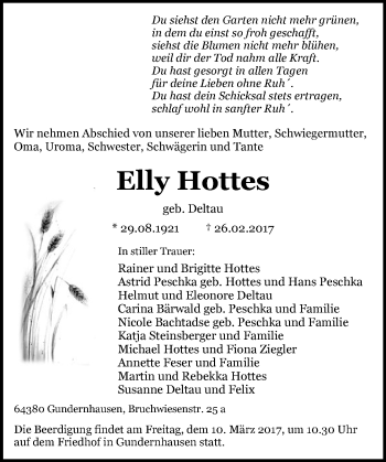 Traueranzeige von Elly Hottes von Trauerportal Echo Online