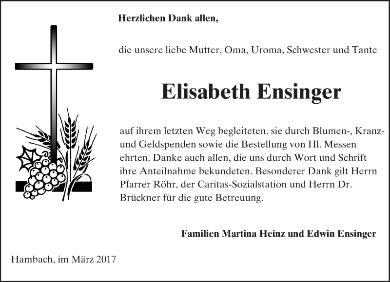  Traueranzeige für Elisabeth Ensinger vom 04.03.2017 aus Trauerportal Echo Online