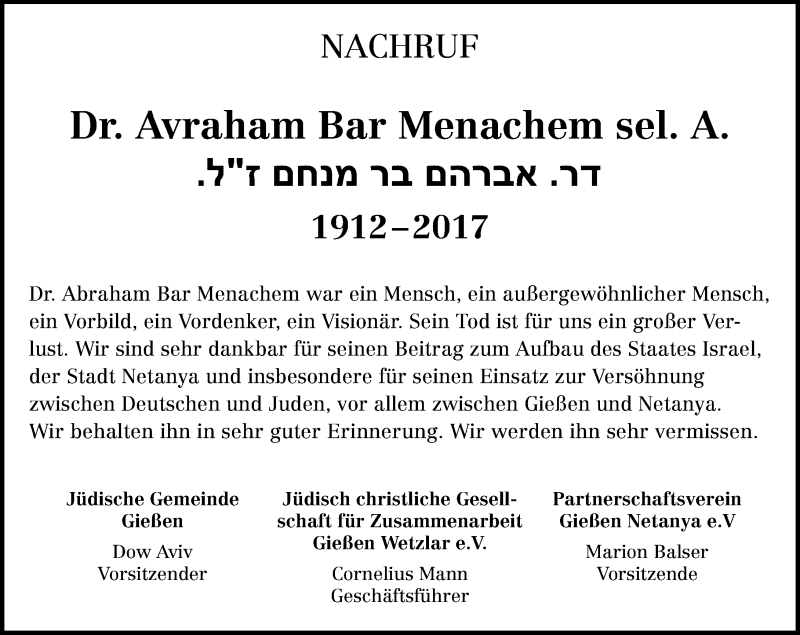  Traueranzeige für Avraham Bar Menachem vom 28.03.2017 aus  Gießener Anzeiger