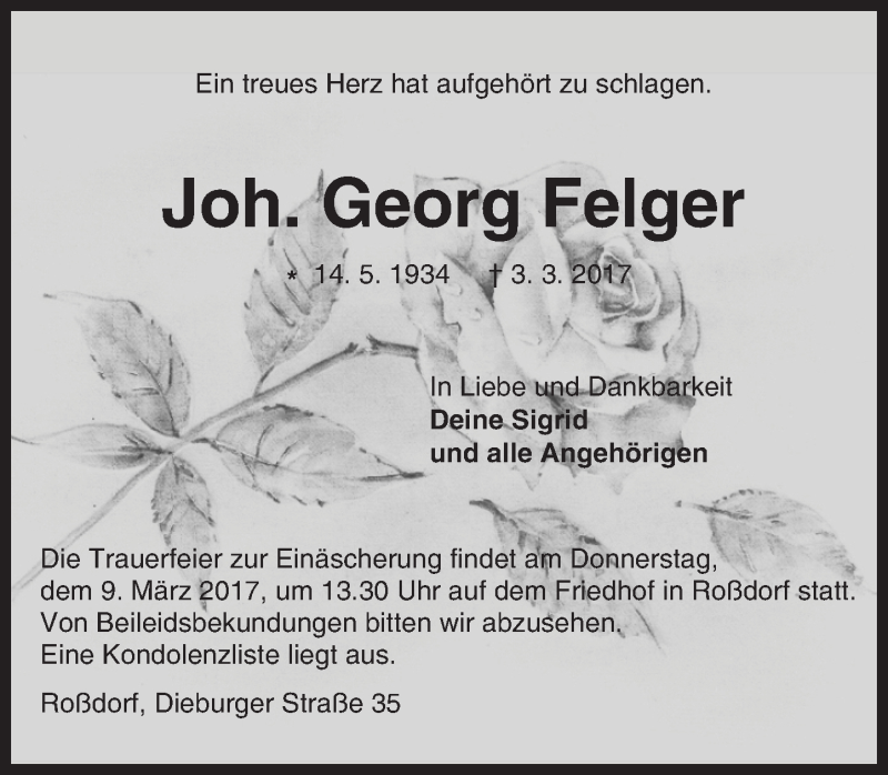  Traueranzeige für Georg Felger vom 07.03.2017 aus Trauerportal Echo Online