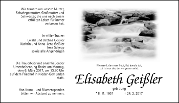 Traueranzeige von Elisabeth Geißler von VRM Trauer