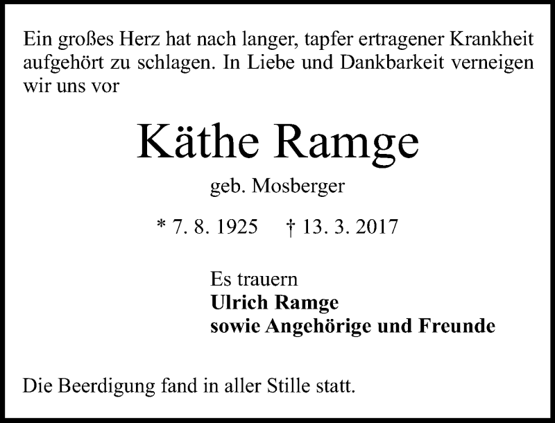  Traueranzeige für Käthe Ramge vom 25.03.2017 aus Trauerportal Echo Online