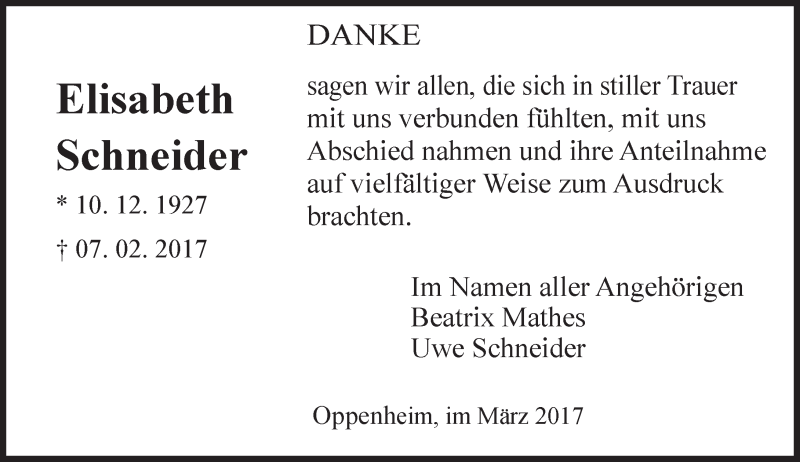  Traueranzeige für Elisabeth Schneider vom 18.03.2017 aus Trauerportal Rhein Main Presse