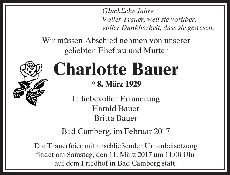  Traueranzeige für Charlotte Bauer vom 02.03.2017 aus  Camberger Anzeiger