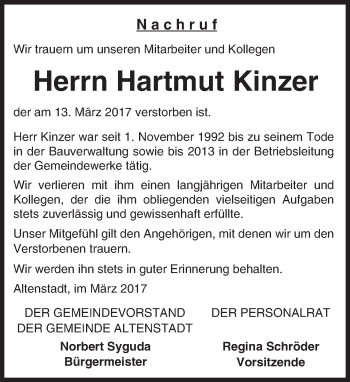 Traueranzeige von Hartmut Kinzer von  Kreisanzeiger