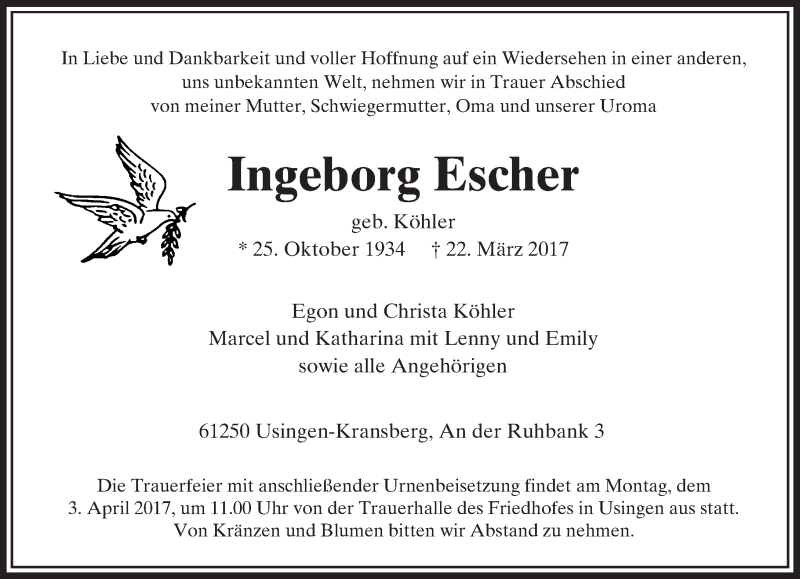  Traueranzeige für Ingeborg Escher vom 28.03.2017 aus  Usinger Anzeiger