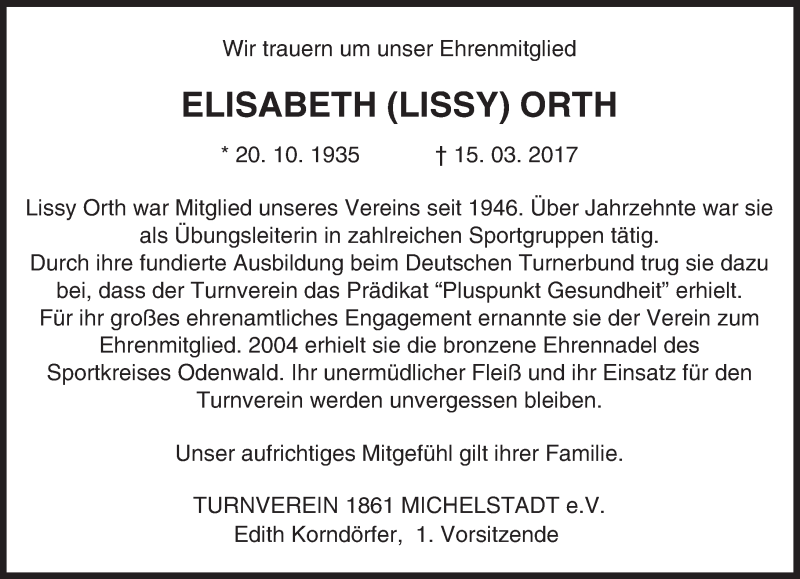  Traueranzeige für Elisabeth Orth vom 23.03.2017 aus Trauerportal Echo Online