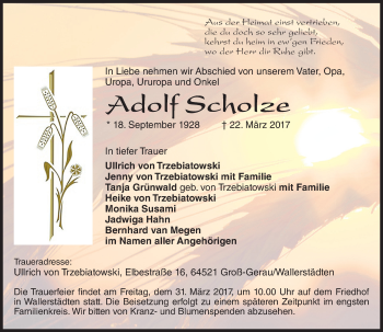 Traueranzeige von Adolf Scholze von Trauerportal Echo Online