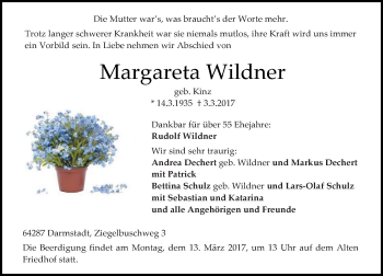 Traueranzeige von Margareta Wildner von Trauerportal Echo Online