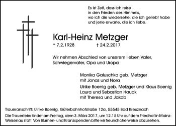 Traueranzeige von Karl-Heinz Metzger von Trauerportal Rhein Main Presse