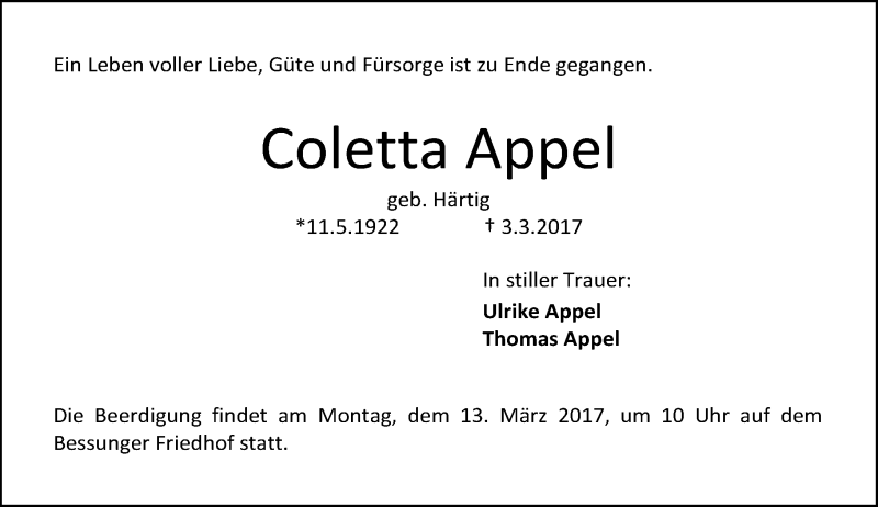  Traueranzeige für Coletta Appel vom 11.03.2017 aus Trauerportal Echo Online