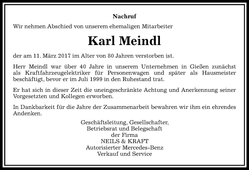  Traueranzeige für Karl Meindl vom 15.03.2017 aus  Gießener Anzeiger