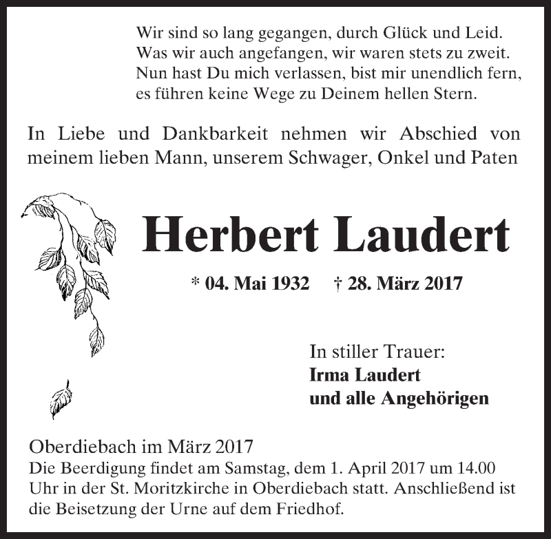  Traueranzeige für Herbert Laudert vom 30.03.2017 aus Trauerportal Rhein Main Presse