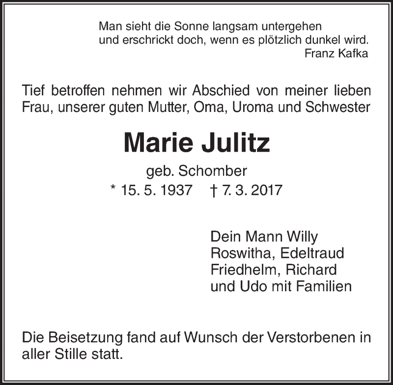  Traueranzeige für Marie Julitz vom 25.03.2017 aus  Gießener Anzeiger