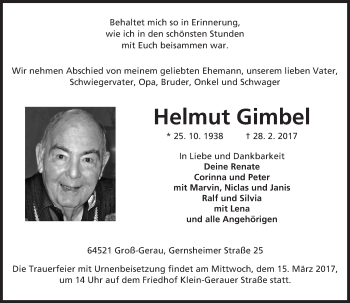 Traueranzeige von Helmut Gimbel von Trauerportal Echo Online