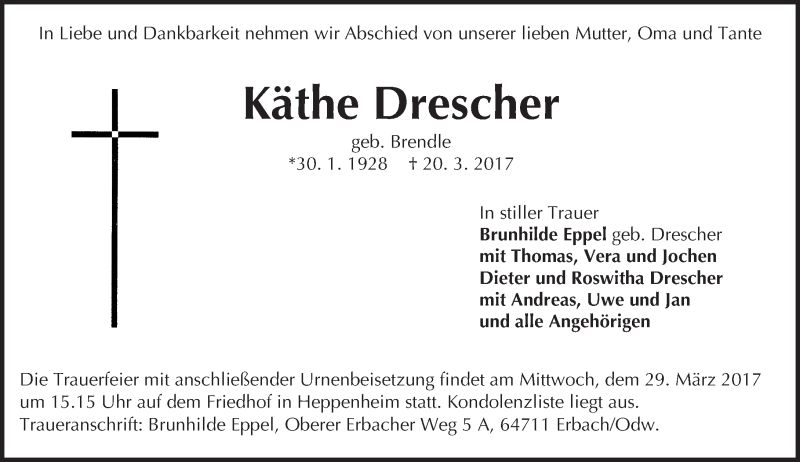  Traueranzeige für Käthe Drescher vom 25.03.2017 aus Trauerportal Echo Online
