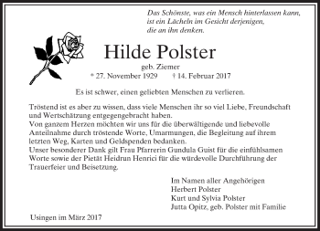 Traueranzeige von Hilde Polster von  Usinger Anzeiger
