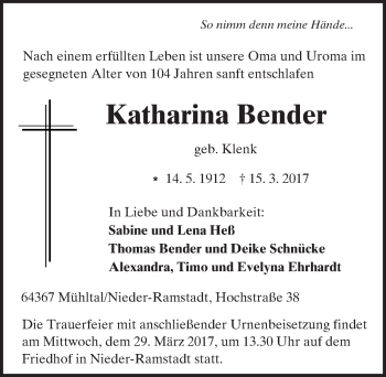 Traueranzeige von Katharina Bender von Trauerportal Echo Online