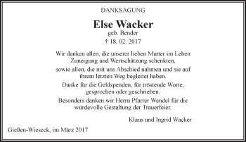Traueranzeige von Else Wacker von  Gießener Anzeiger