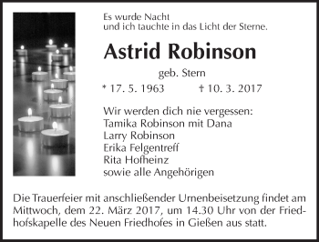 Traueranzeige von Astrid Robinson von  Gießener Anzeiger